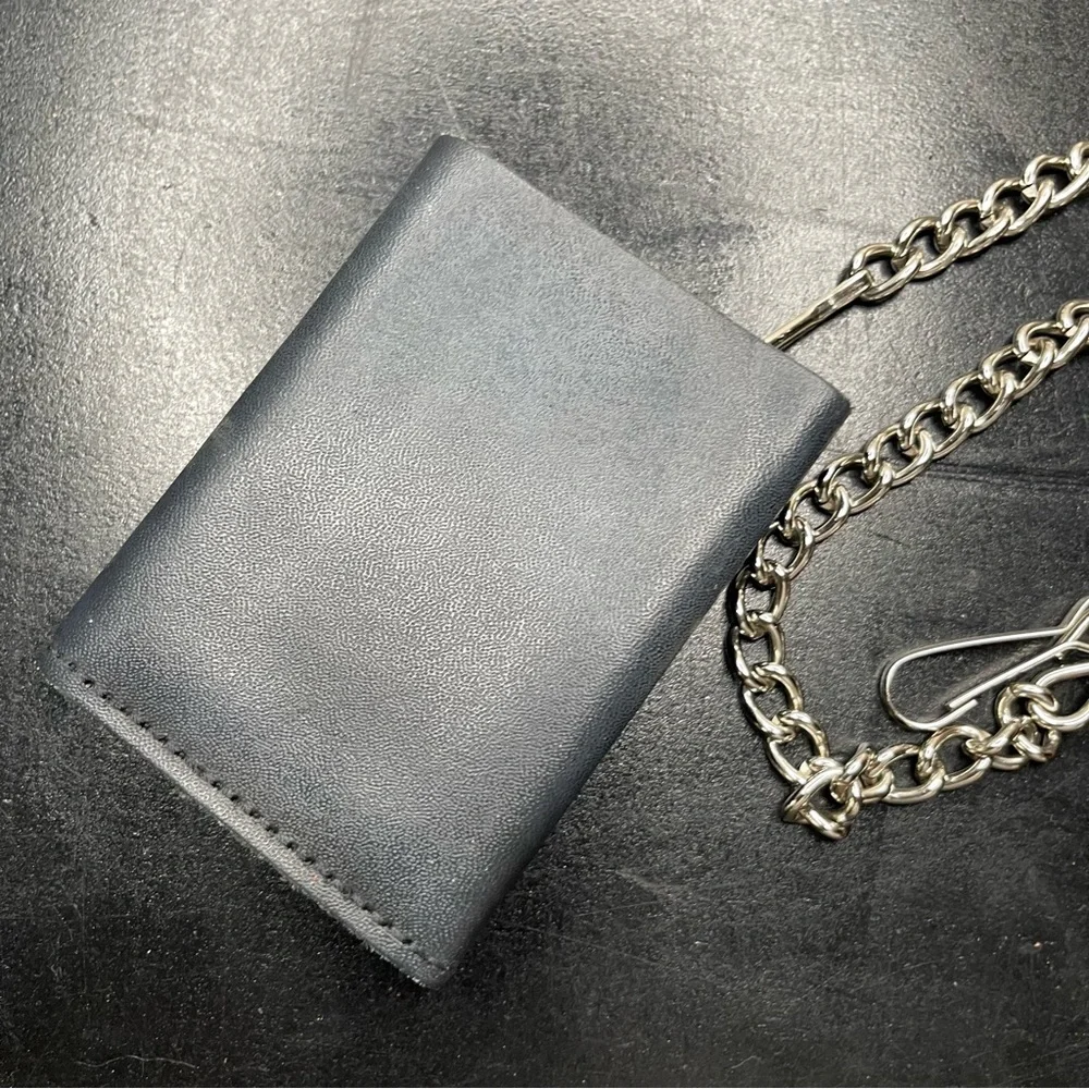 Mens Biker Leather Chain Wallet Tri-Fold - Motorcycle - Roses & Skull